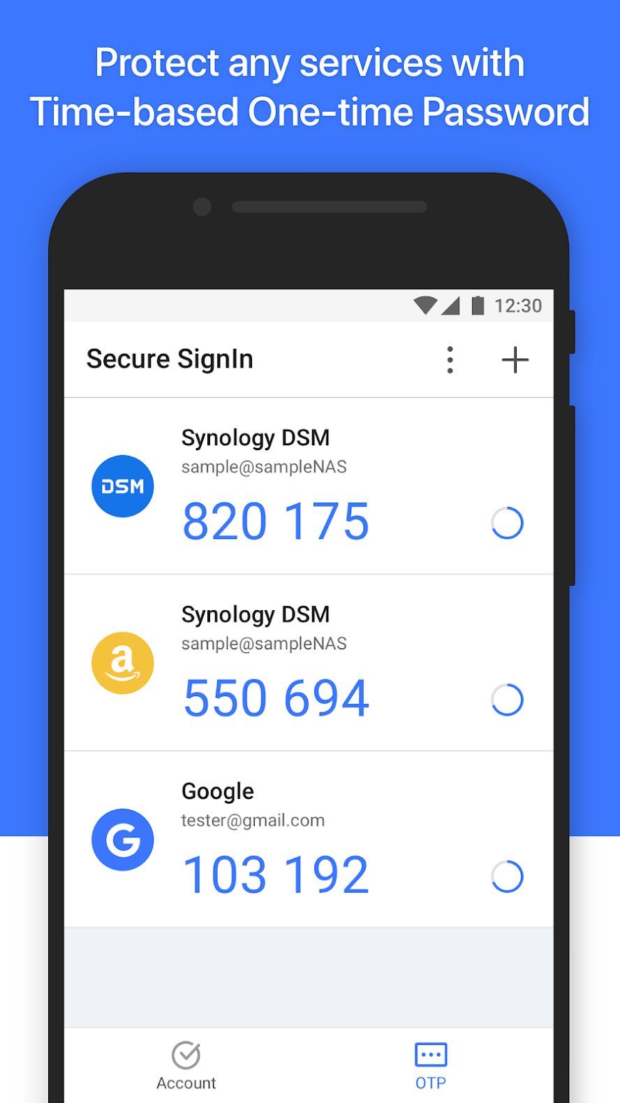 Synology Secure SignIn showing a list of one-time passwords