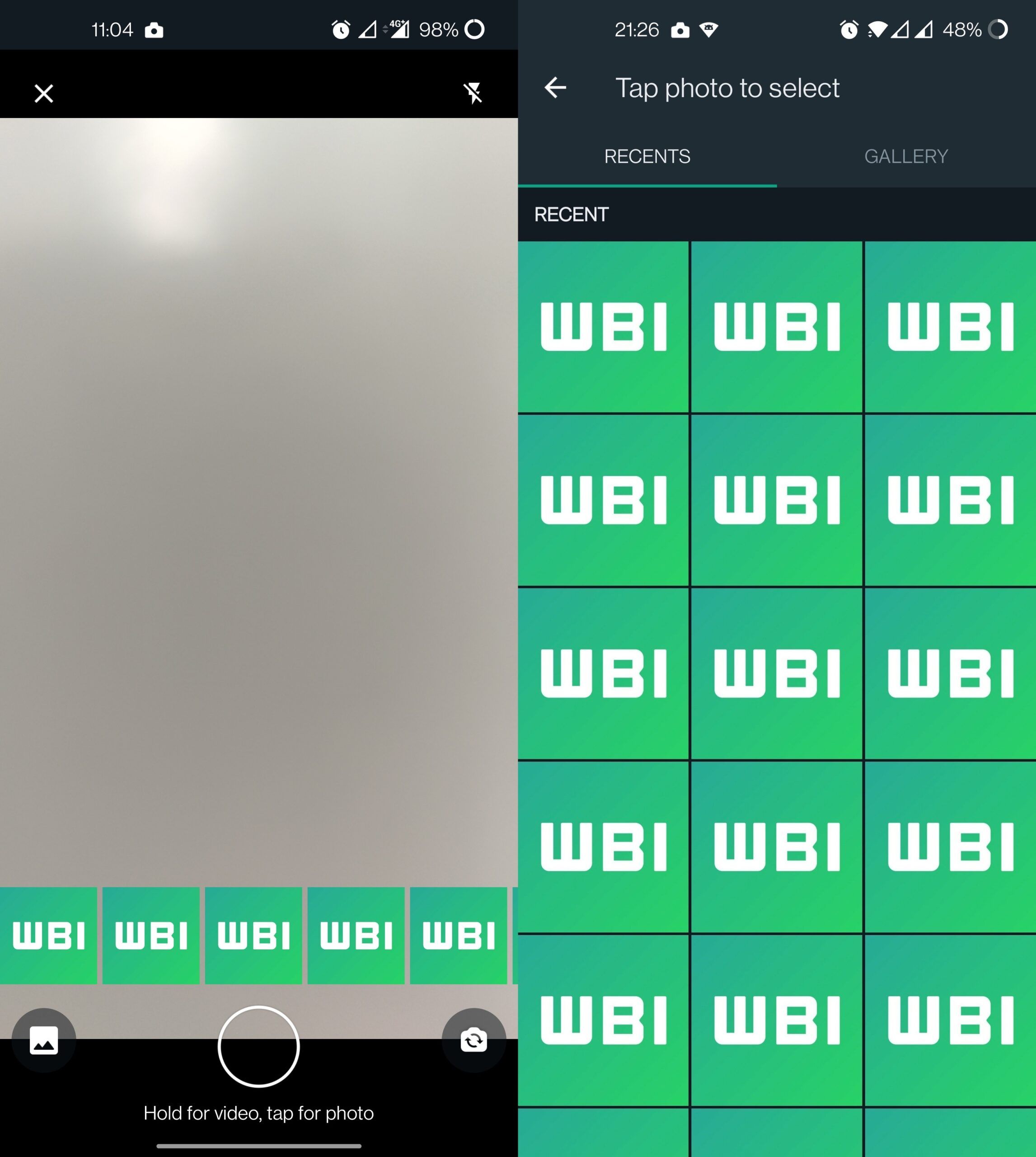 Screengrab of new Android beta WhatsApp camera 
