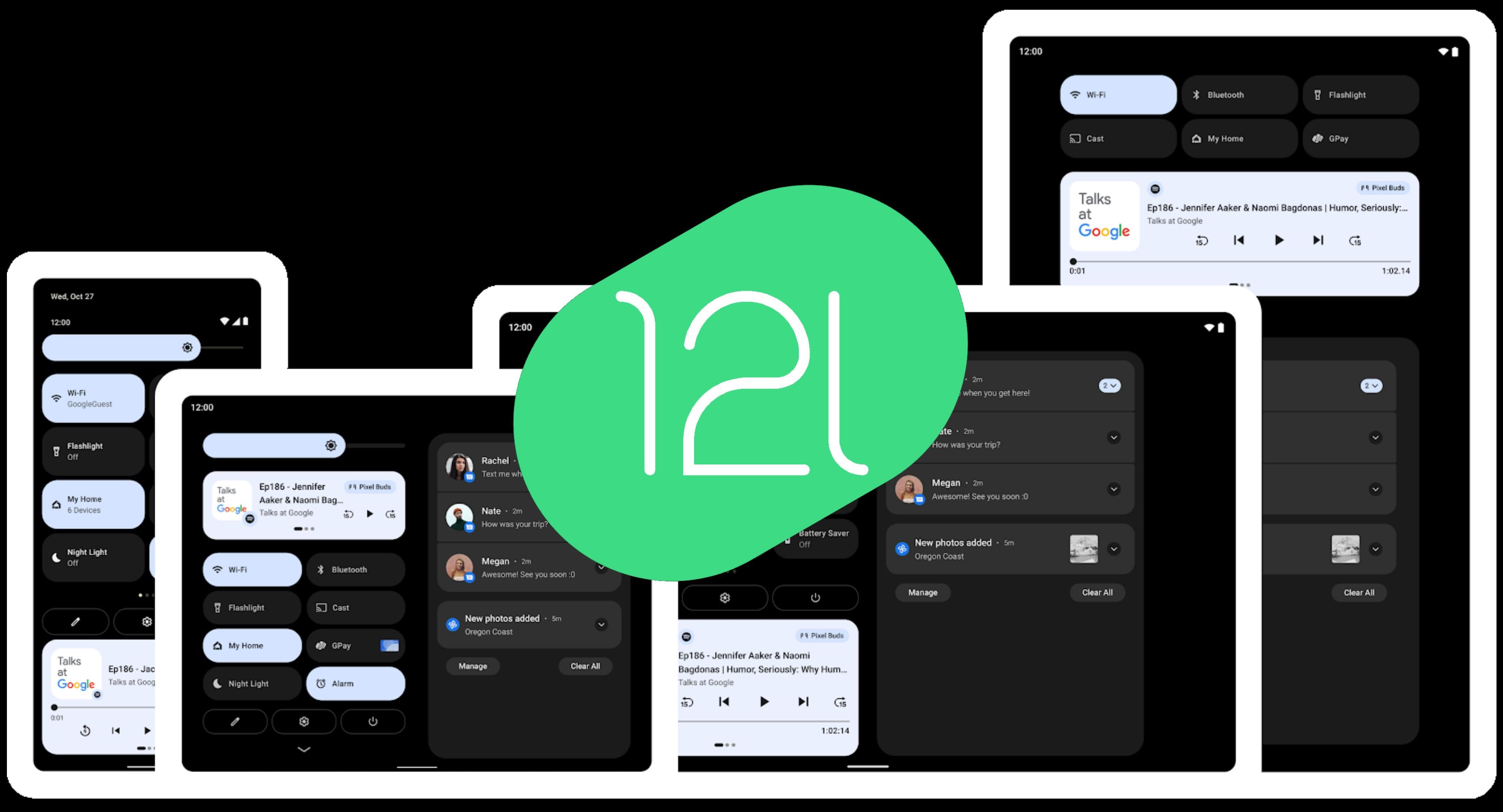 various interface mockups on different screen sizes with the android 12l logo overlayed