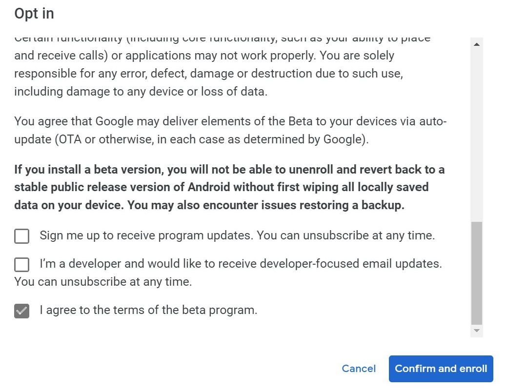 The Android beta program agreement terms