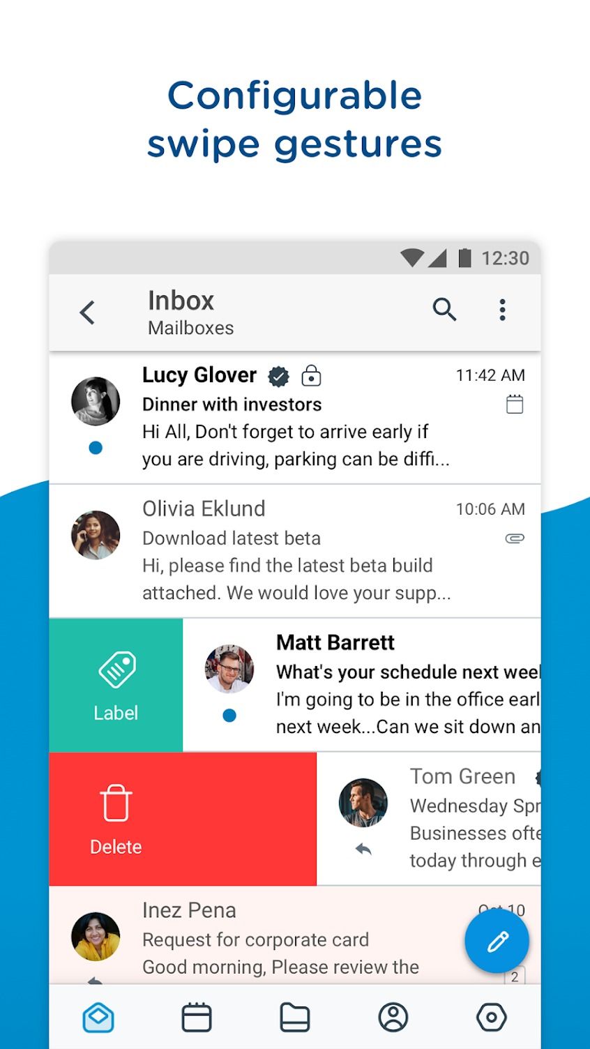 The Boxer email app's demonstration of configurable swipe gestures.