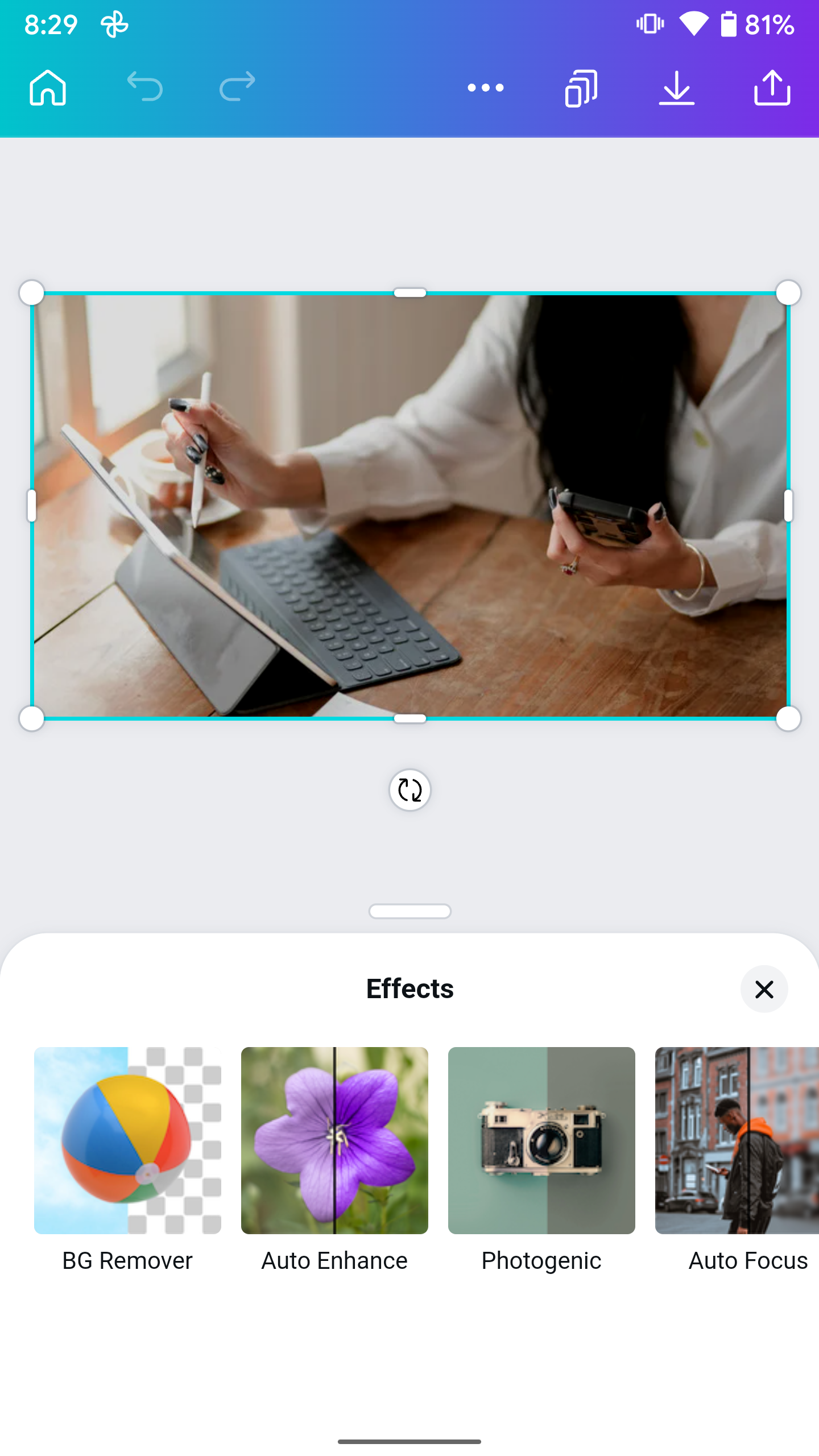 A screenshot of Canva showing the effects options.