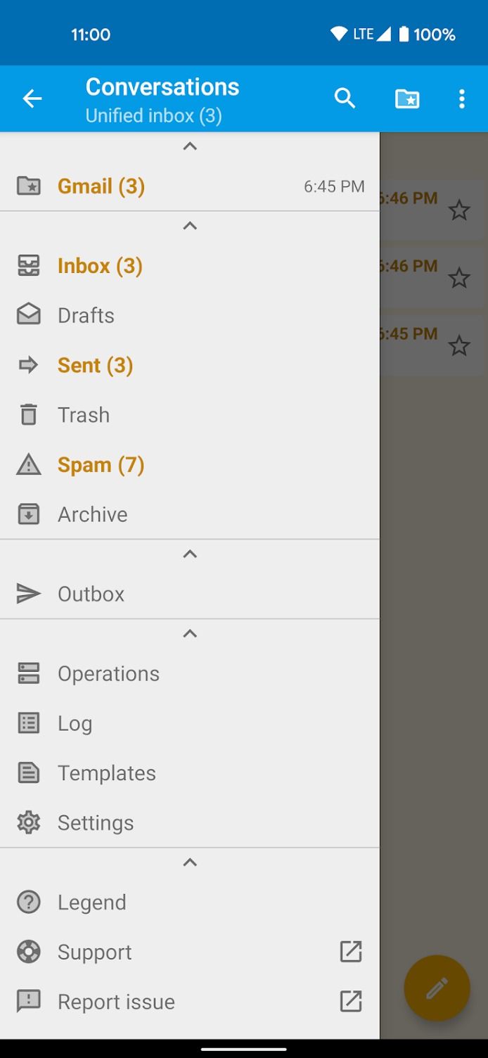A screenshot of someone's inbox list in the FairEmail app.