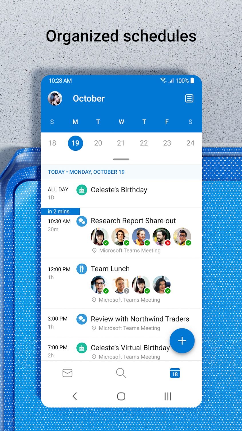 The schedules page on the Microsoft Outlook email app.