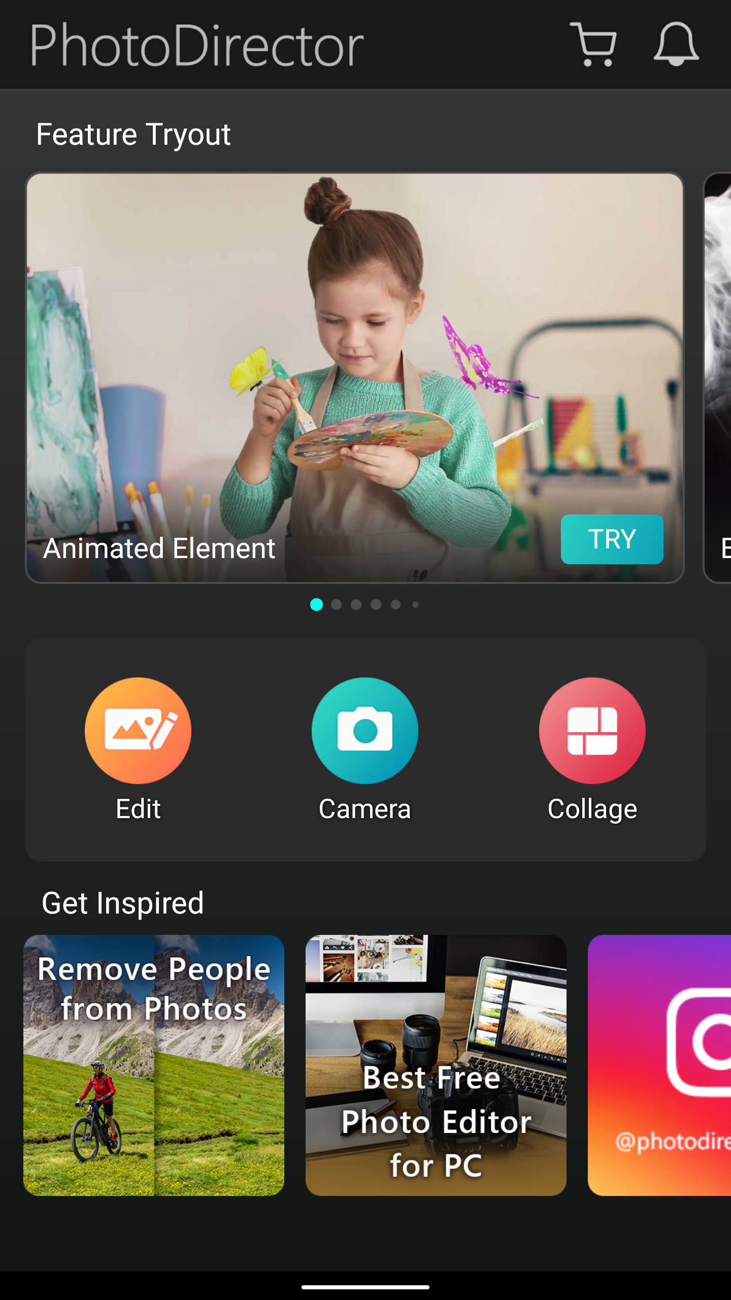 A screenshot of Photo Director showing the home screen.