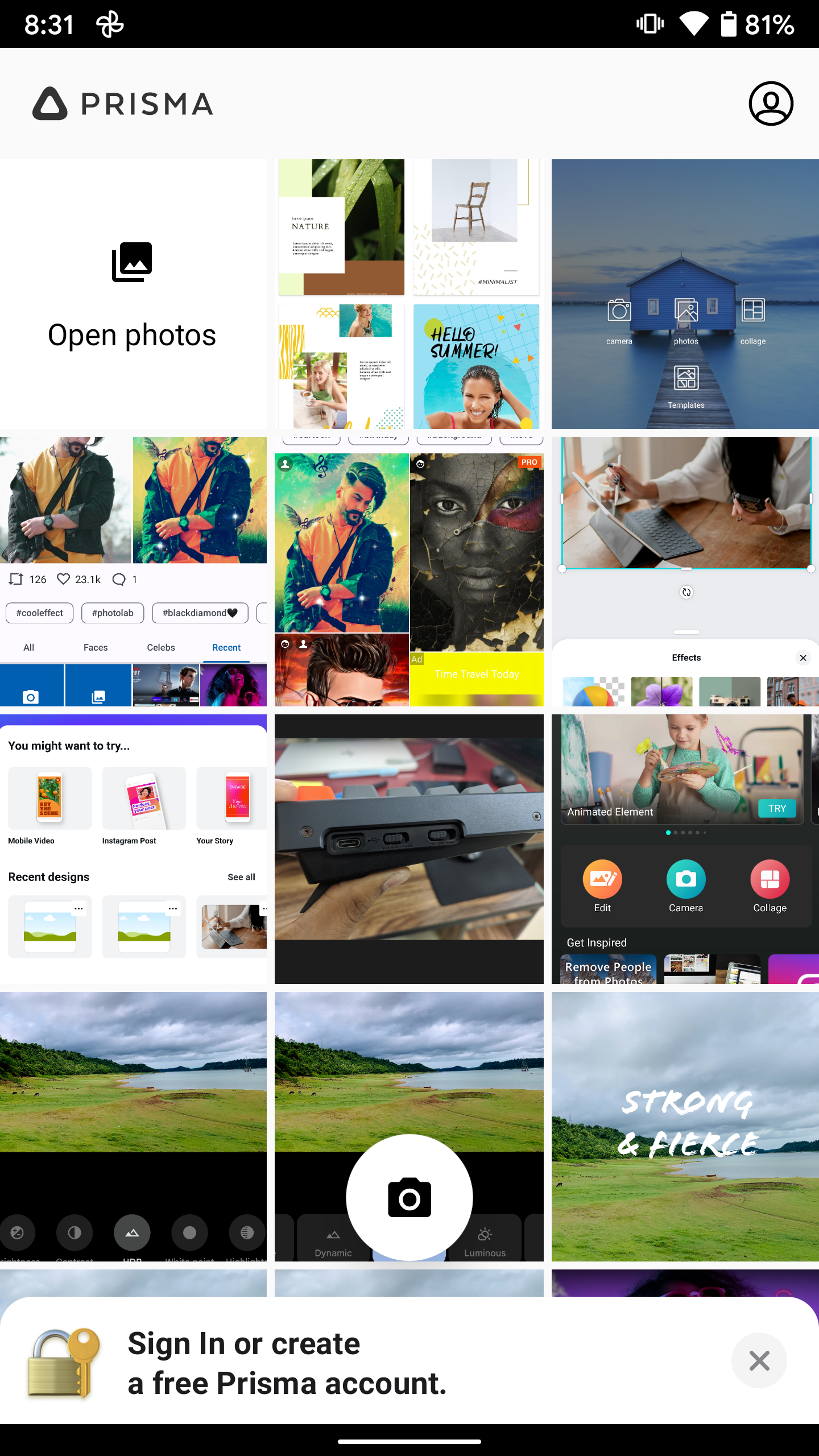 The Prisma app homepage showing a collage a photos