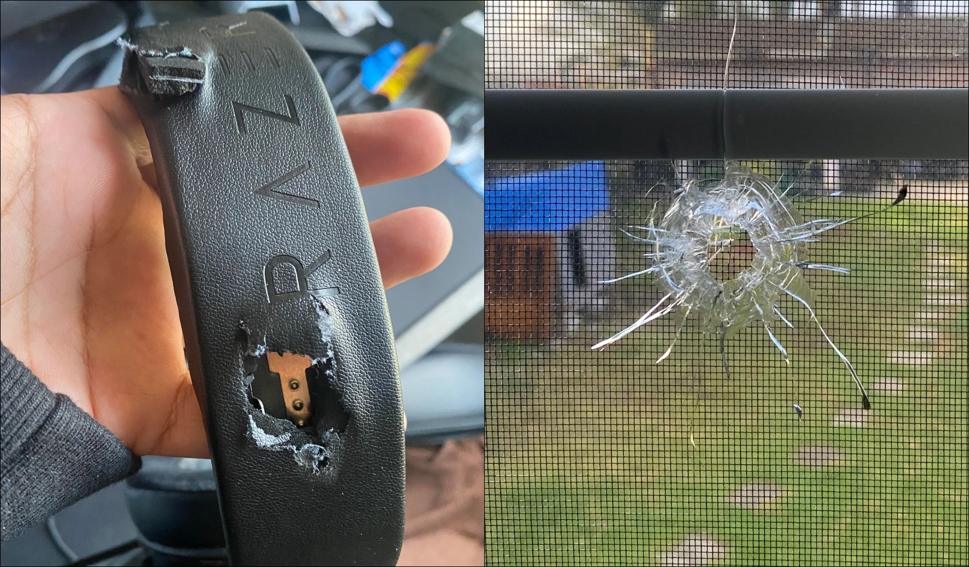 Image of headphones that were shot, bullet hole in window