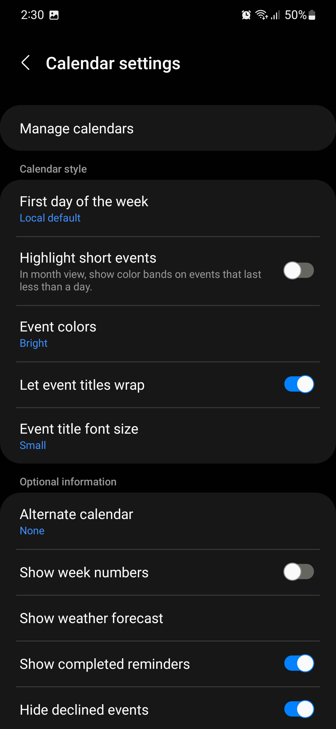 samsung calendar styles settings