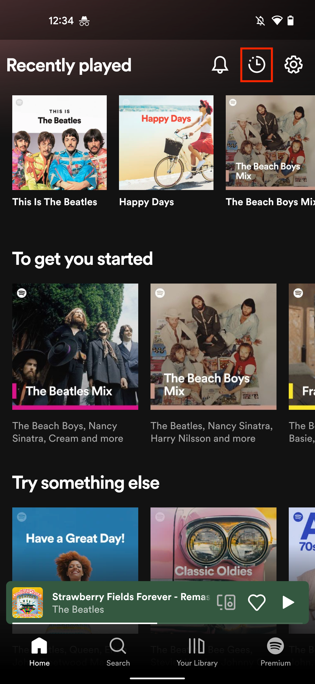 Spotify Android app screenshot showing recently played page
