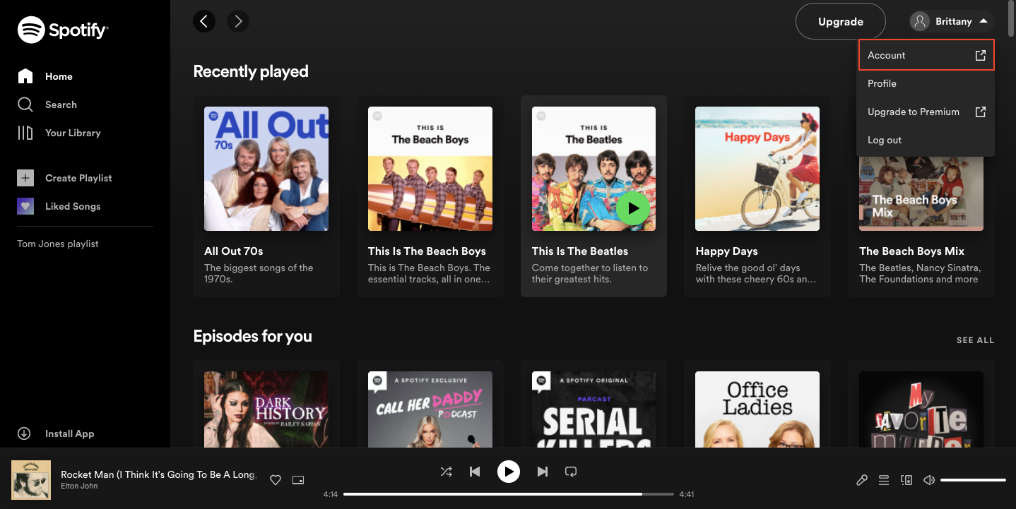 Spotify desktop app screenshot showing Account settings