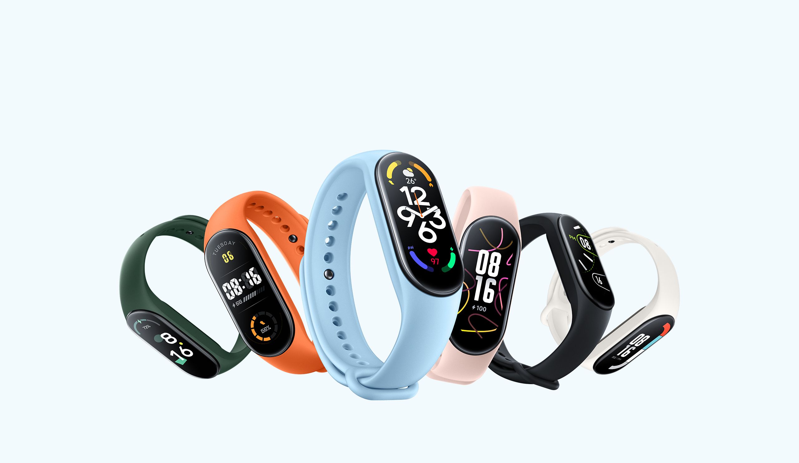 An official image of the Xiaomi Band 7 in different colored bands