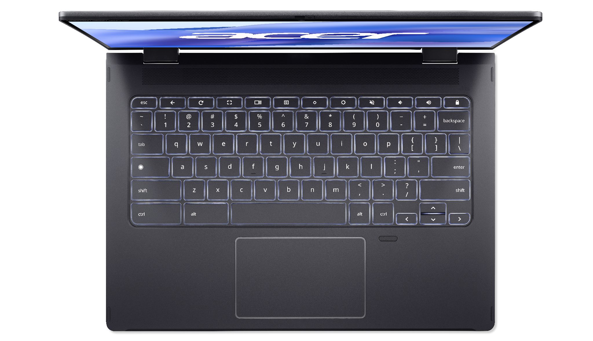 A top down view of the Acer Chromebook Spin 714 keyboard and trackpad.