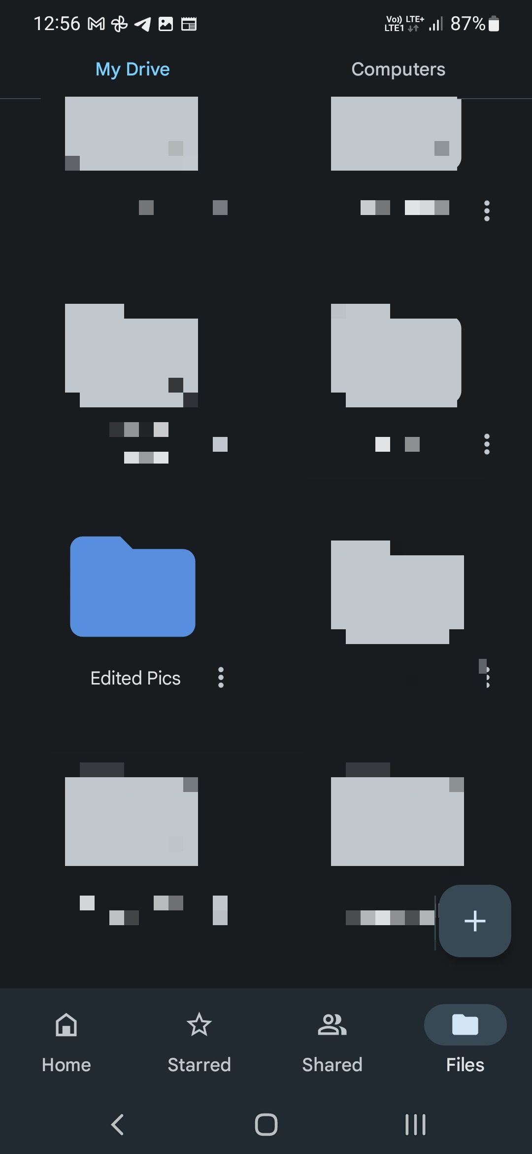 A screenshot showcasing the Google Drive Files section, with various folders visible. 'Edited pictures' folder is distinctly colored in blue, highlighting it's modified status against the regular folder backdrop.