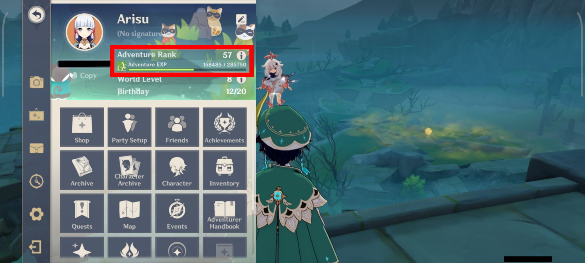 red rectangle outline over adventure rank 