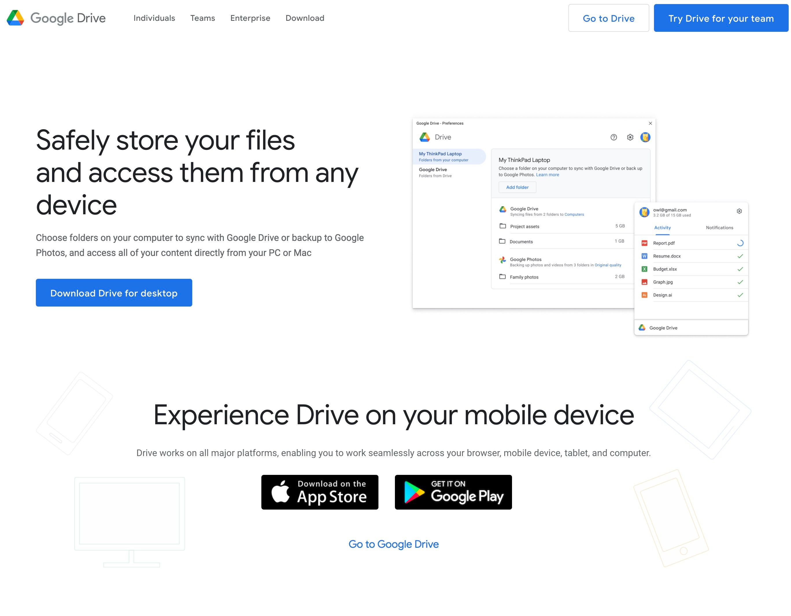A Page for Google Drive that includes a 'Download Drive for desktop' button, images of Google Drive's interface on a computer screen, and options to download the mobile app from the App Store and Google Play.