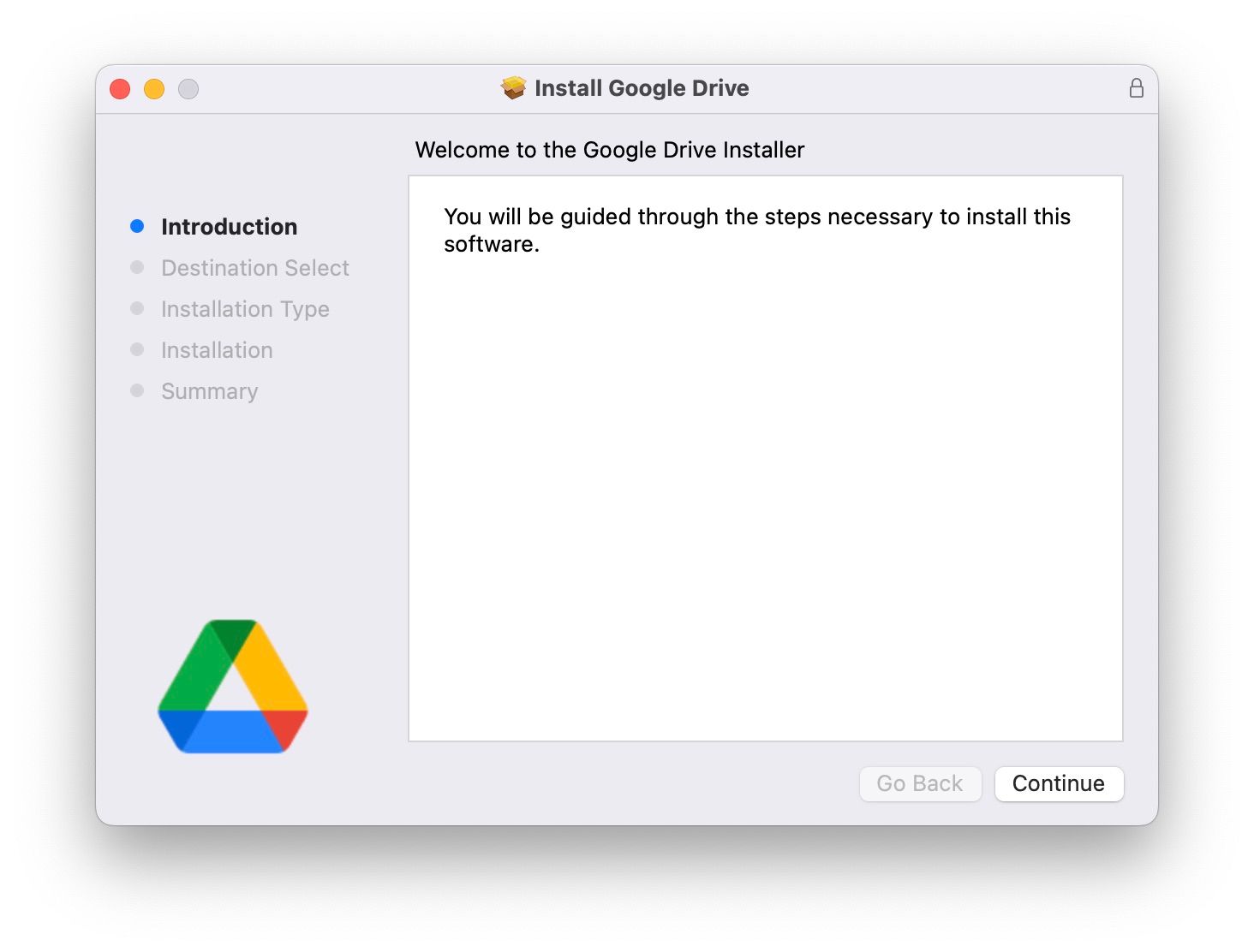 A screenshot of the Google Drive Installer window on a Mac with a list of installation steps on the left, including 'Introduction', 'Destination Select', 'Installation Type', 'Installation', and 'Summary'. The 'Continue' button is at the bottom right, indicating the start of the installation process.