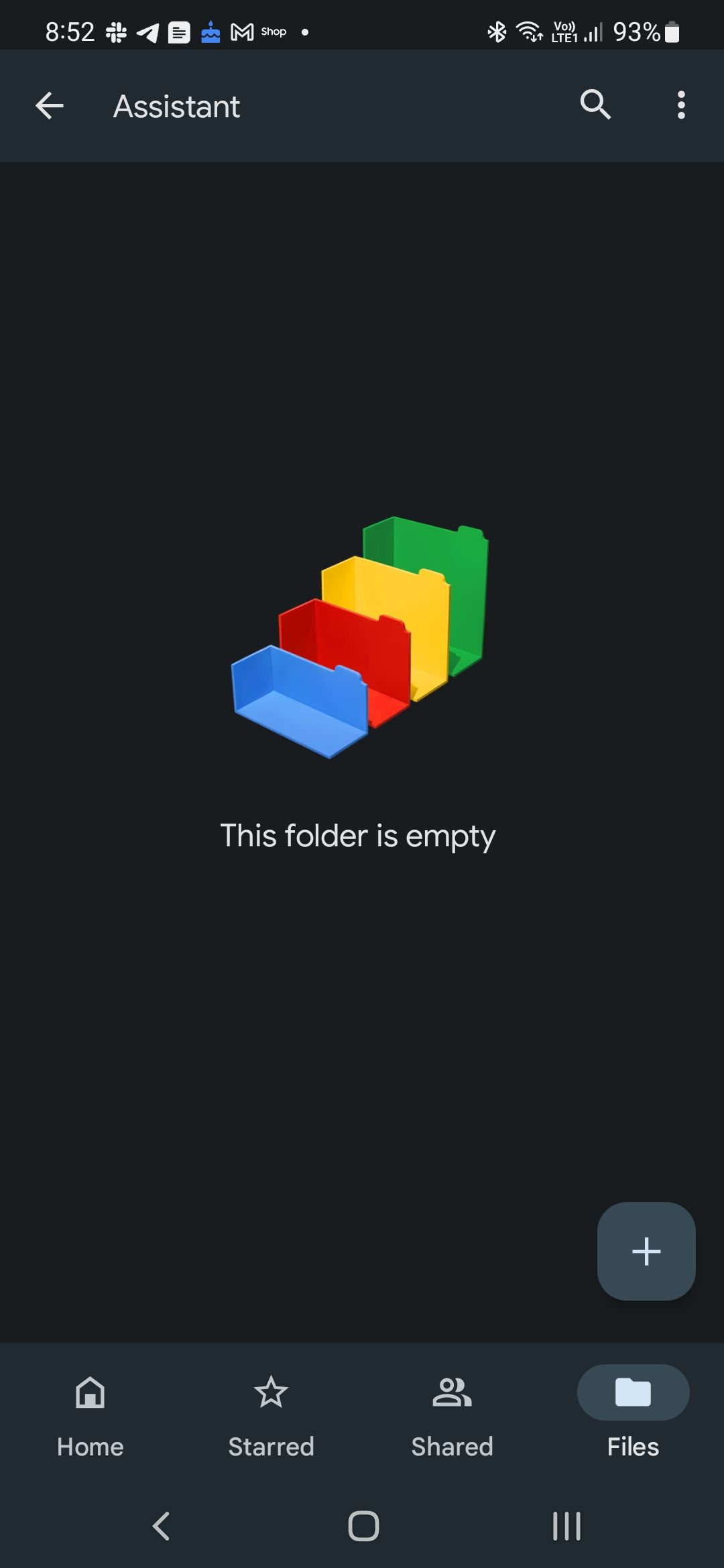 Mobile screenshot of an empty Google Drive folder titled 'Assistant' with a colorful 3D file icon graphic and the message 'This folder is empty'.