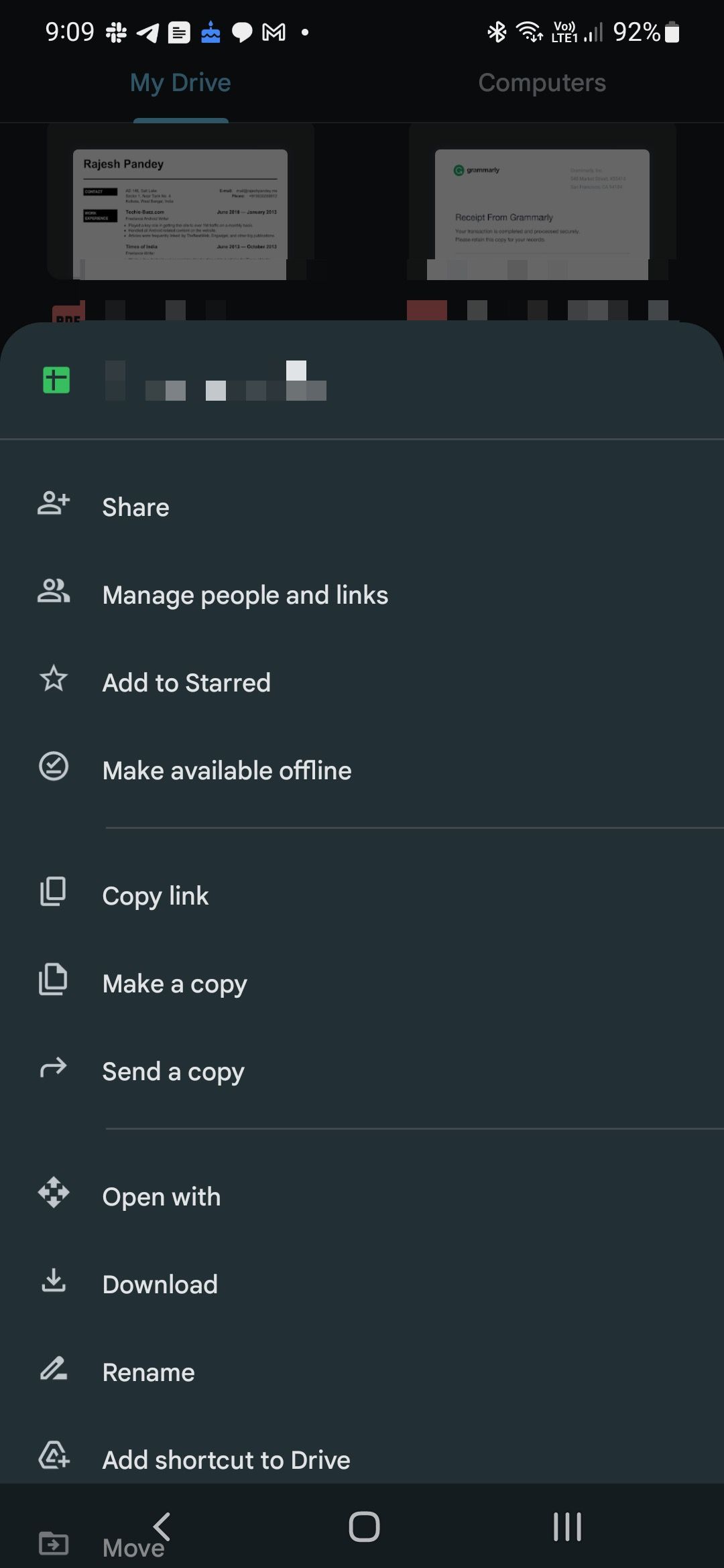 A mobile screenshot of Google Drive's file options menu, including 'Share', 'Add to Starred', 'Make available offline', and 'Copy link', with additional actions like 'Download' and 'Rename'.
