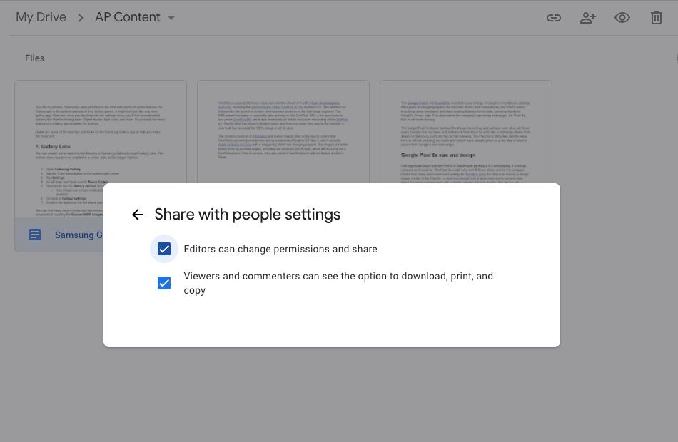 A screenshot from Google Drive showing 'Share with people settings' with checkboxes indicating that 'Editors can change permissions and share' and 'Viewers and commenters can see the option to download, print, and copy.