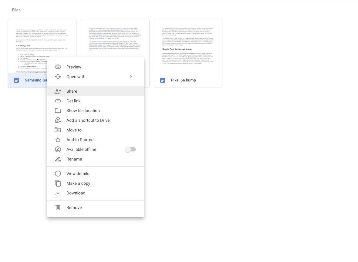 Screenshot displaying Google Drive's right-click menu options for a file, including 'Preview', 'Open with', 'Share', 'Get link', and other file management actions like 'Add shortcut to Drive', 'Move', 'Rename', and 'Remove'.