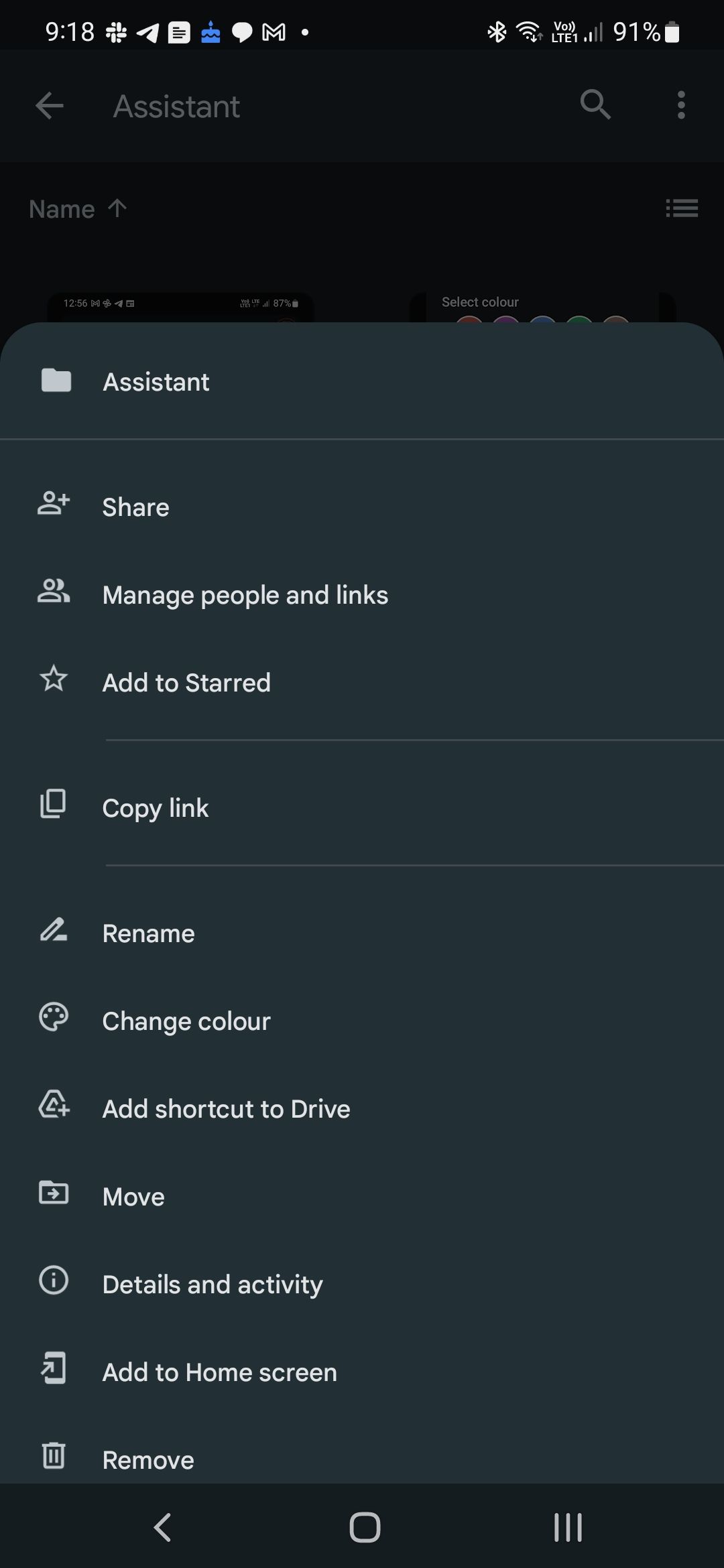 Mobile screenshot of Google Drive's file options for 'Assistant' folder, including 'Share', 'Manage people and links', 'Add to Starred', 'Copy link', 'Rename', 'Change color', 'Add shortcut to Drive', 'Move', 'Details and activity', 'Add to Home screen', and 'Remove'.