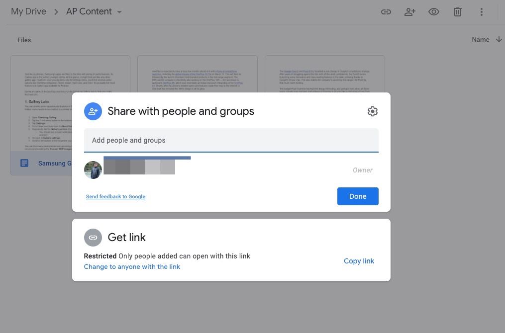 "Screenshot showing Google Drive's 'Share with people and groups' interface. An owner's profile is visible with an option to add people and groups for file sharing, alongside a 'Get link' section.