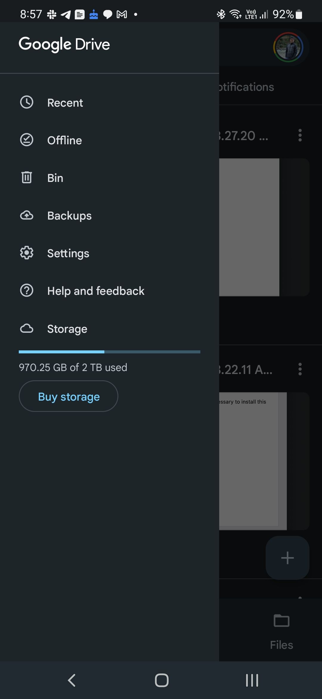 Screenshot showing the detailed layout of the Google Drive sidebar, including icons and labels for 'Recent, 'Offline', 'Backups', 'Settings', 'Help and feedback', 'Storage', and 'Bin'. 