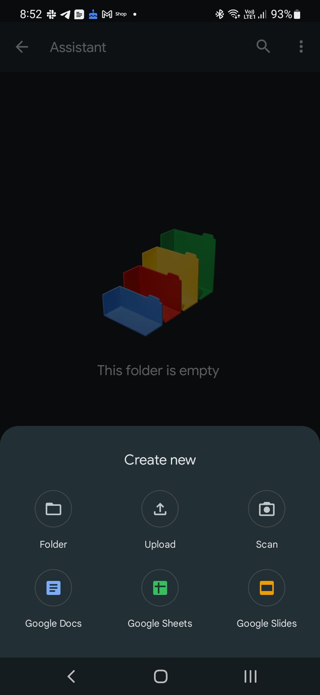 Mobile screenshot of Google Drive's 'Create new' menu with options to create a new folder, file upload, document scan, Google Docs, Google Sheets, and Google Slides.