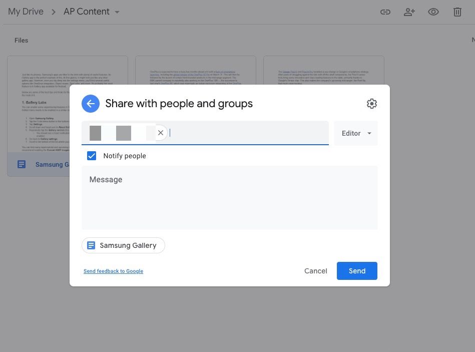 Screenshot depicting the Google Drive 'Share with people and groups' pop-up window. A checkbox for 'Notify people' is checked, and there's space to enter a message for the recipients.