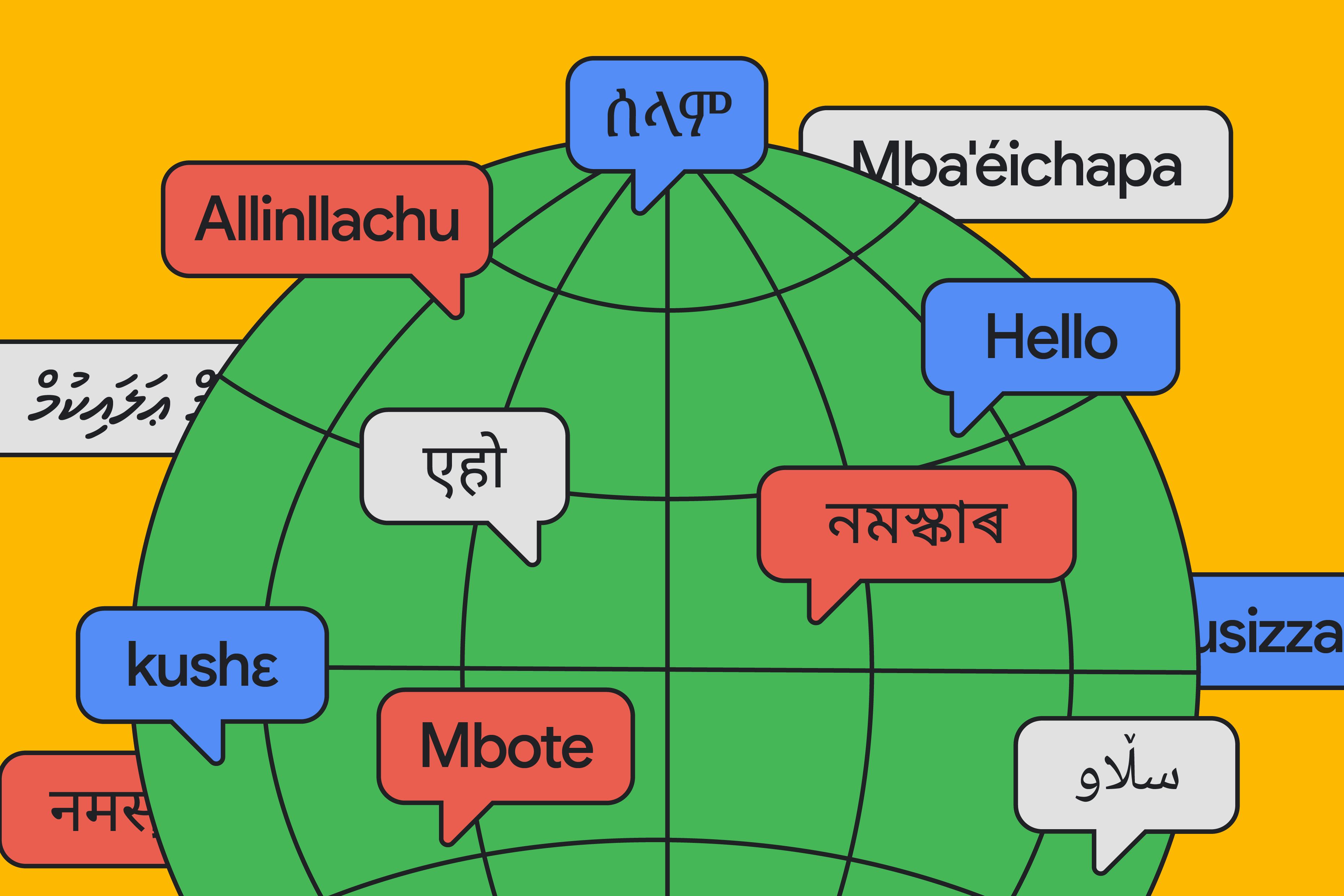 An illustration of a green globe with multiple chat bubbles in various languages.