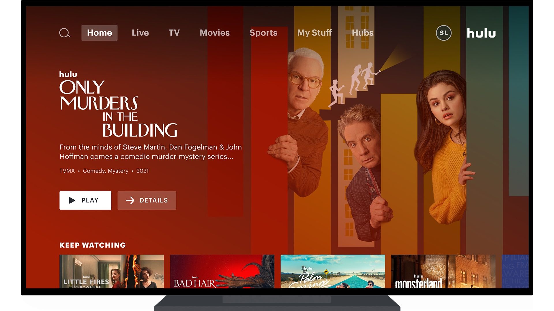 Television on white background with Hulu homepage. Only murders are visible in the image of the building behind the text.