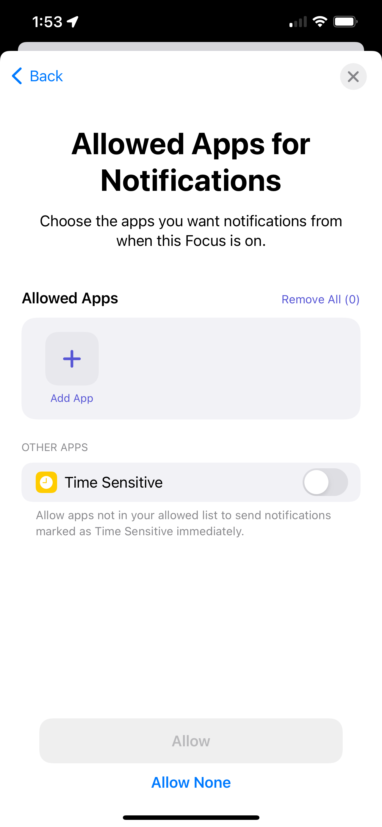 Allowed apps screen on Focus for iOS