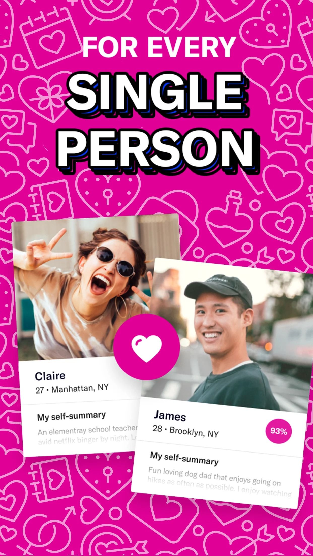 screenshots of two dating app profiles on pink background