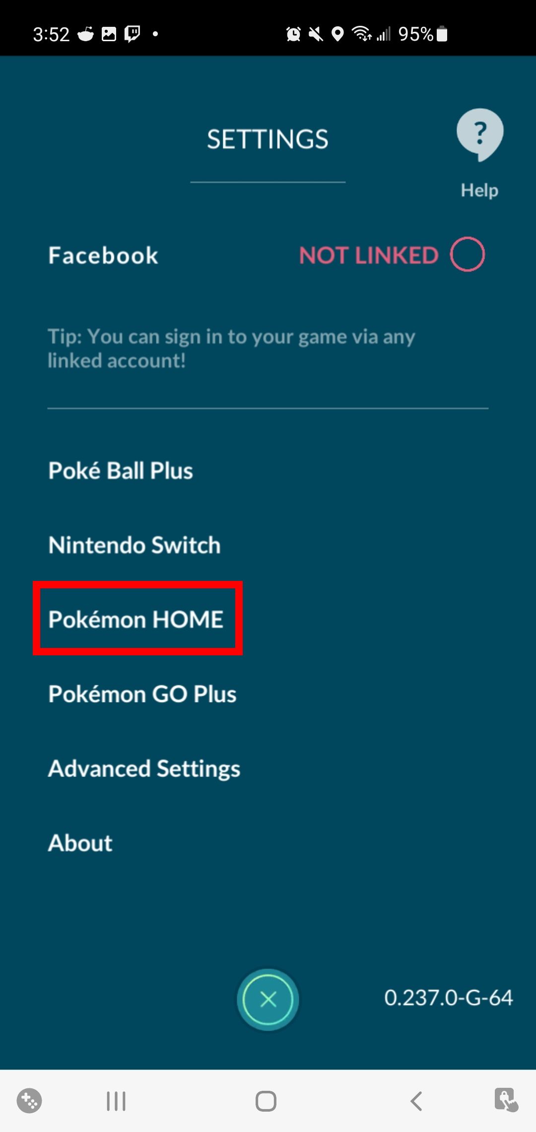 Screenshot of showing the location of where to link Pokemon Go to Pokemon Home