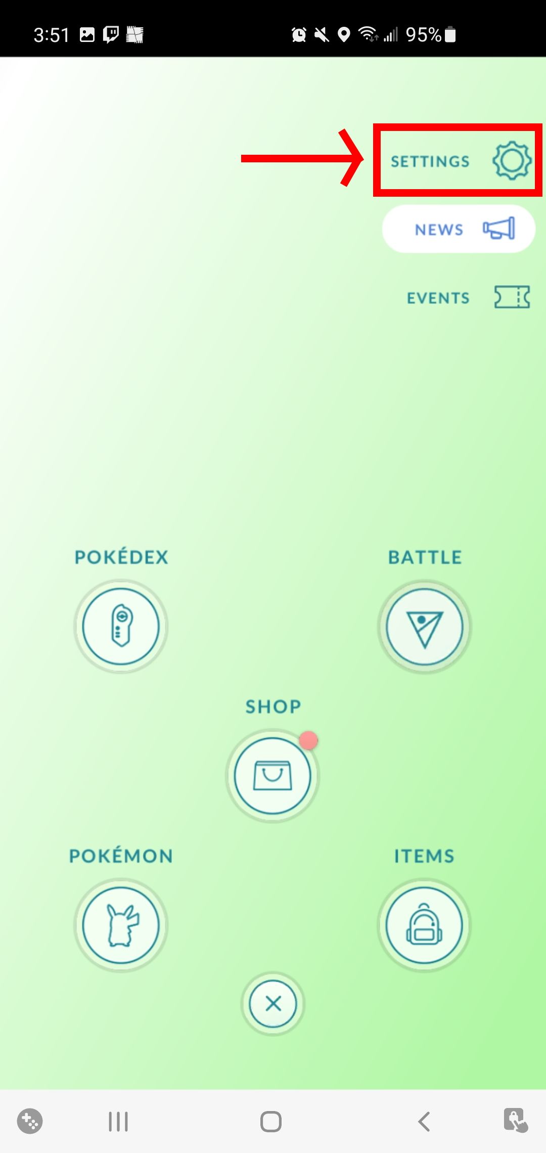 Screenshot of showing the settings in Pokemon Go