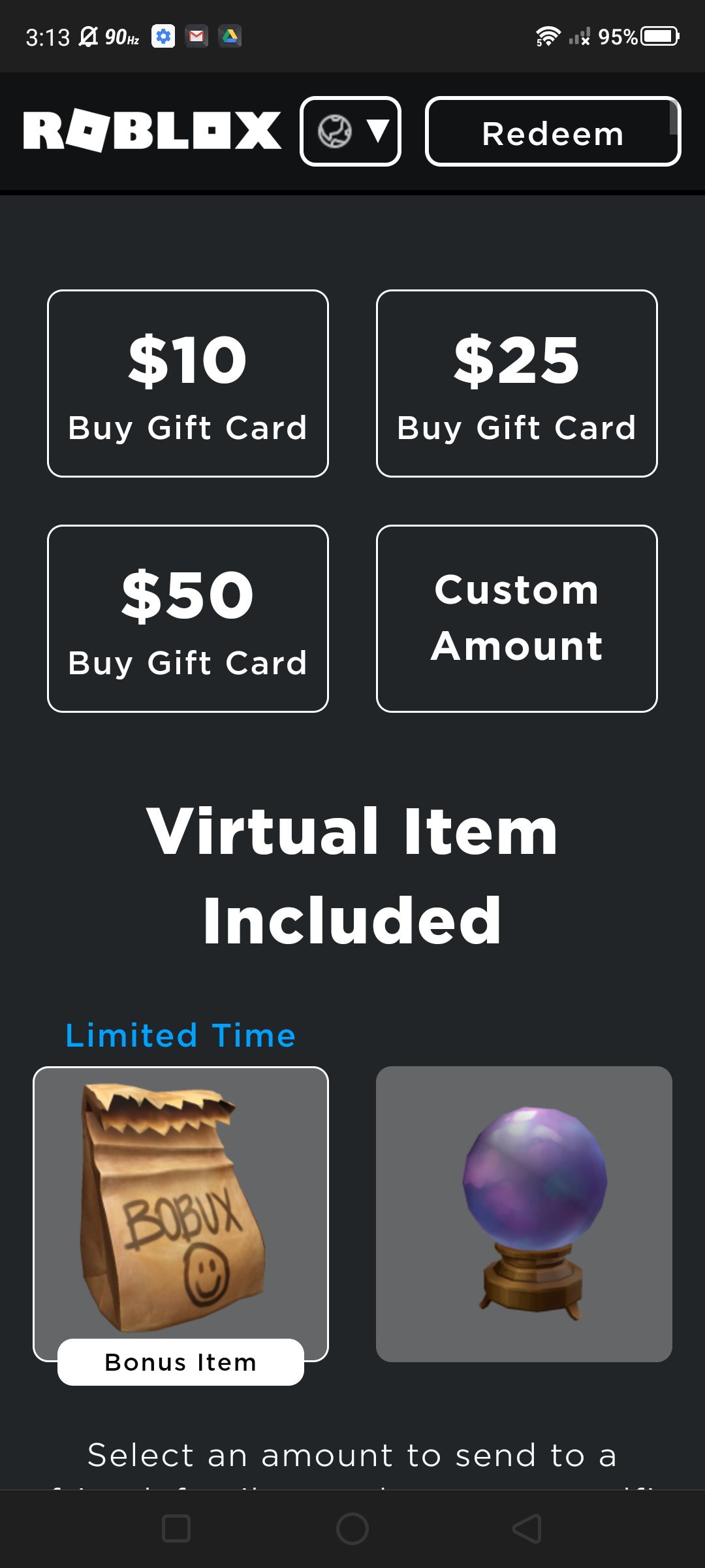 Screenshot of where to buy Roblox gift cards online