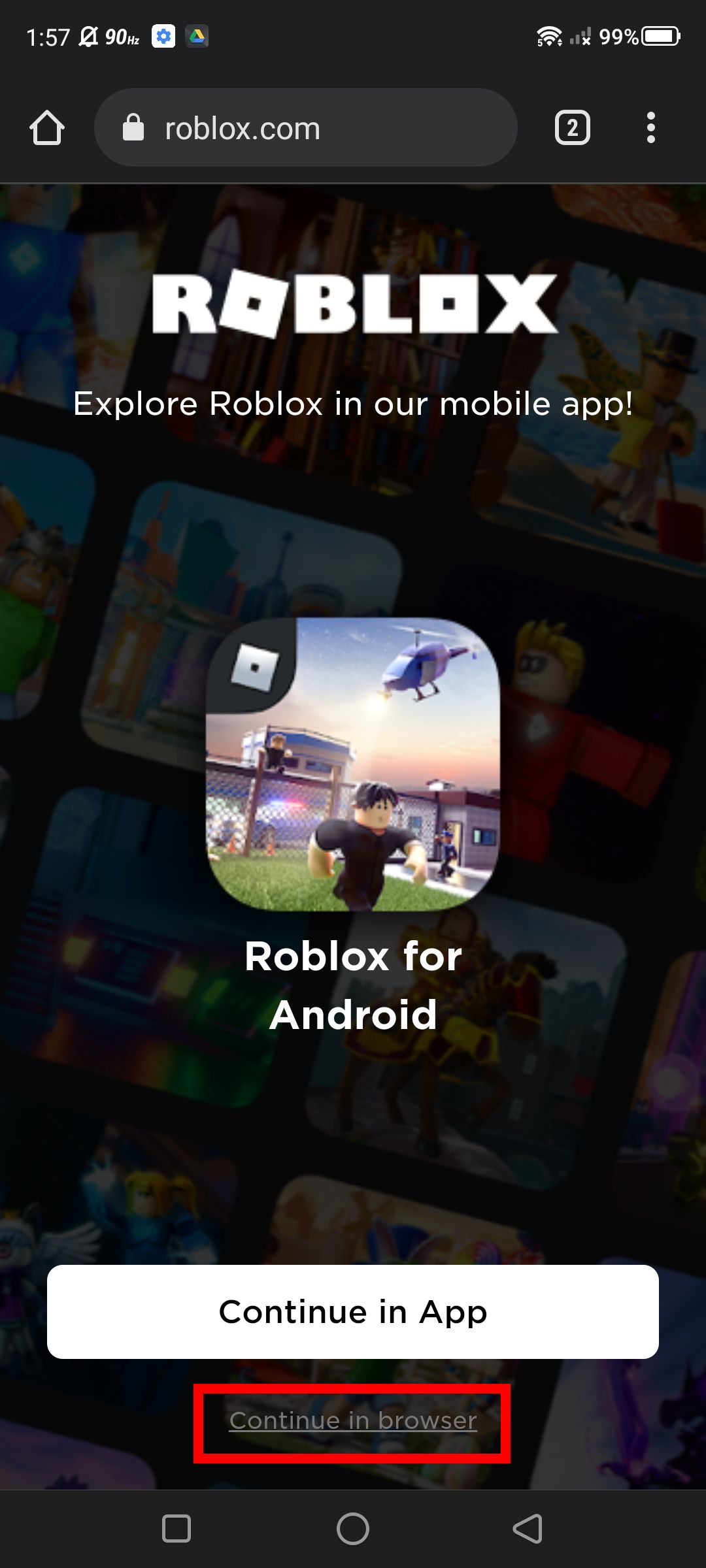 Captura de tela do acesso ao site da Roblox por meio do aplicativo Roblox