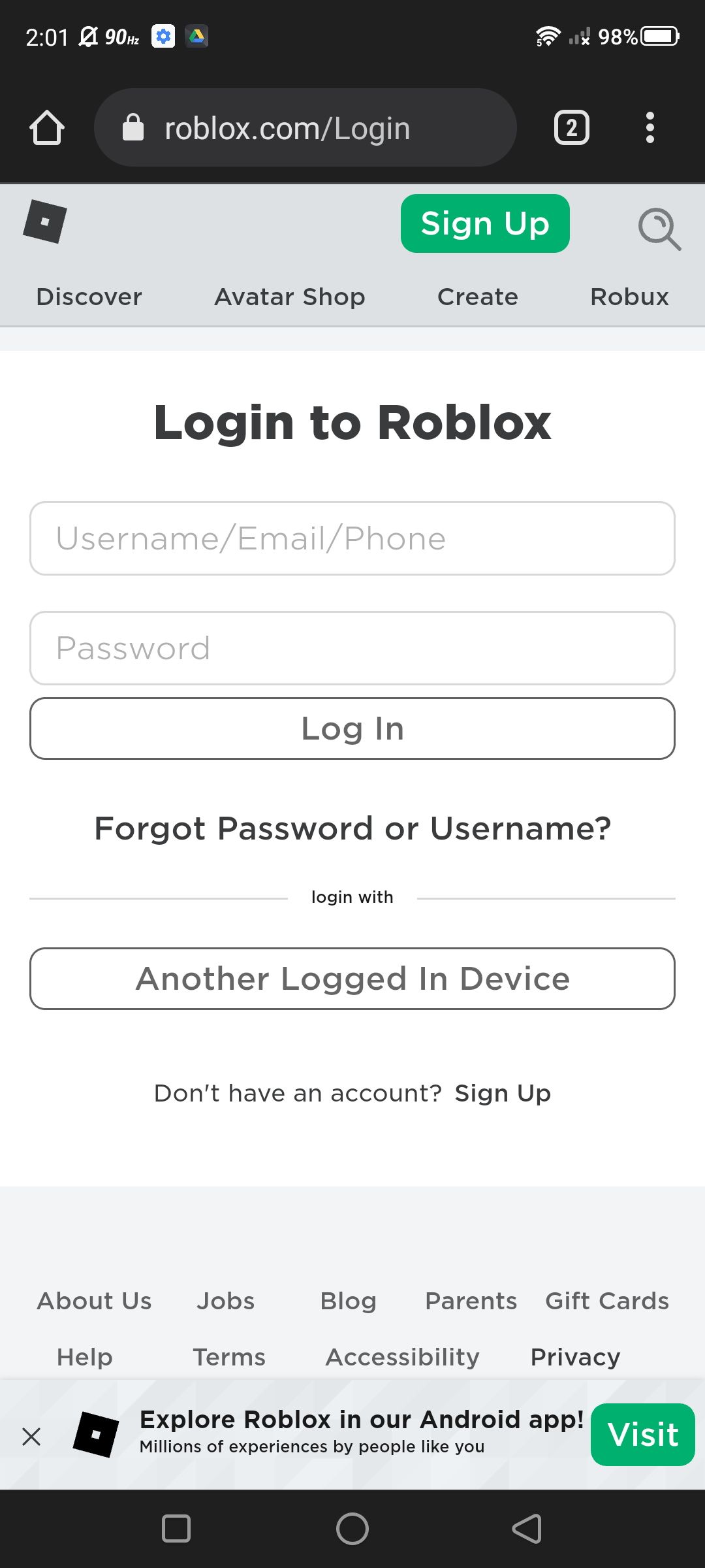 Captura de tela de login em sua conta no site da Roblox