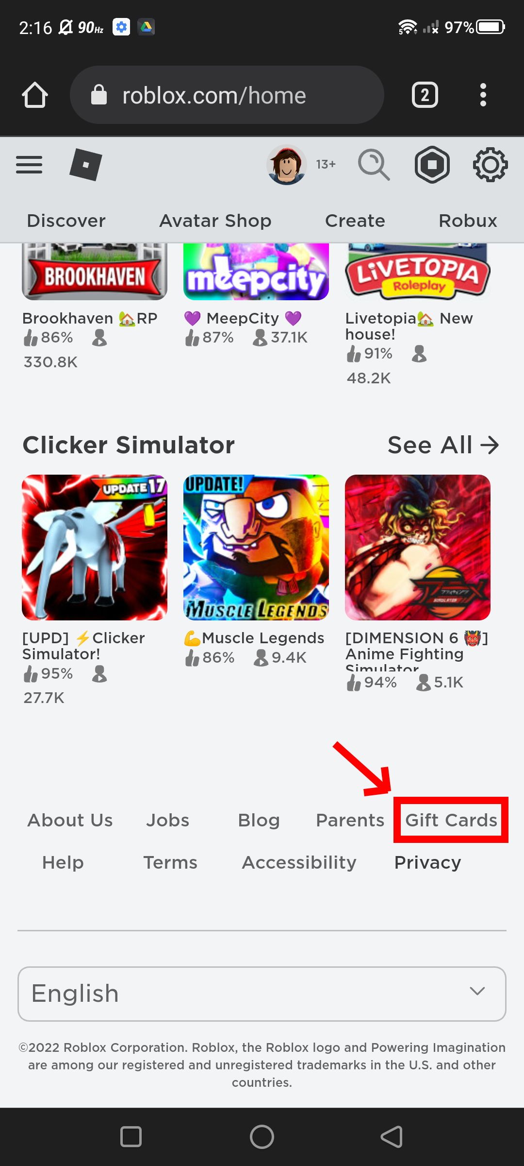 Screenshot of navigating to gift cards on the Roblox website