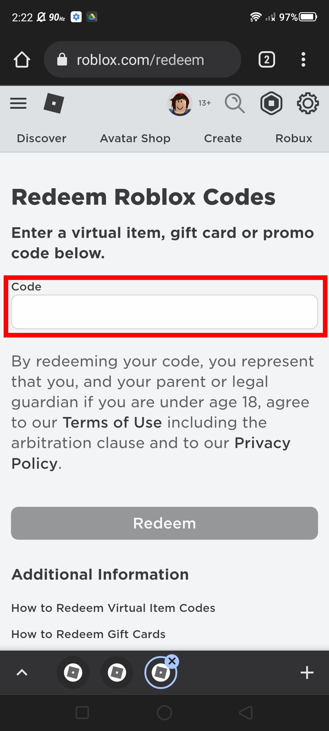 Screenshot of the redeem gift card code (empty) field