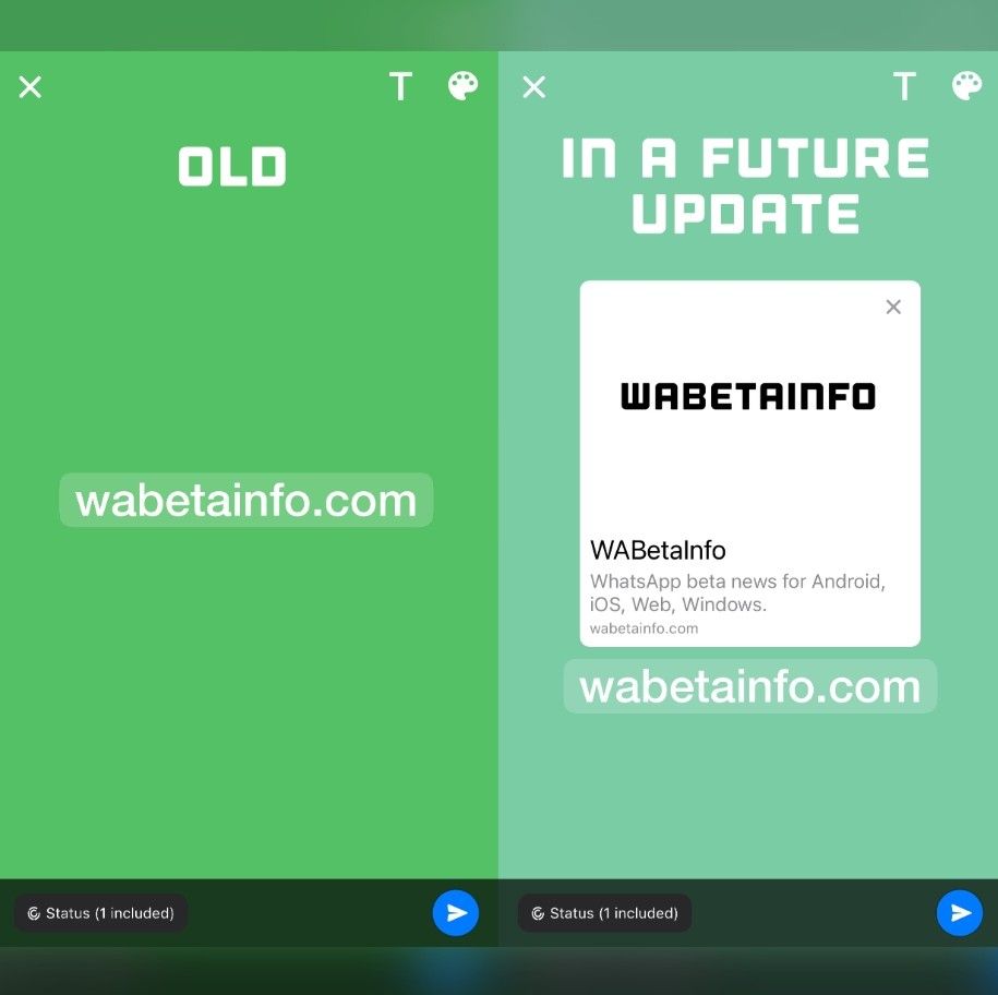 A side-by-side comparison of the current WhatsApp link preview, and the expected future version.