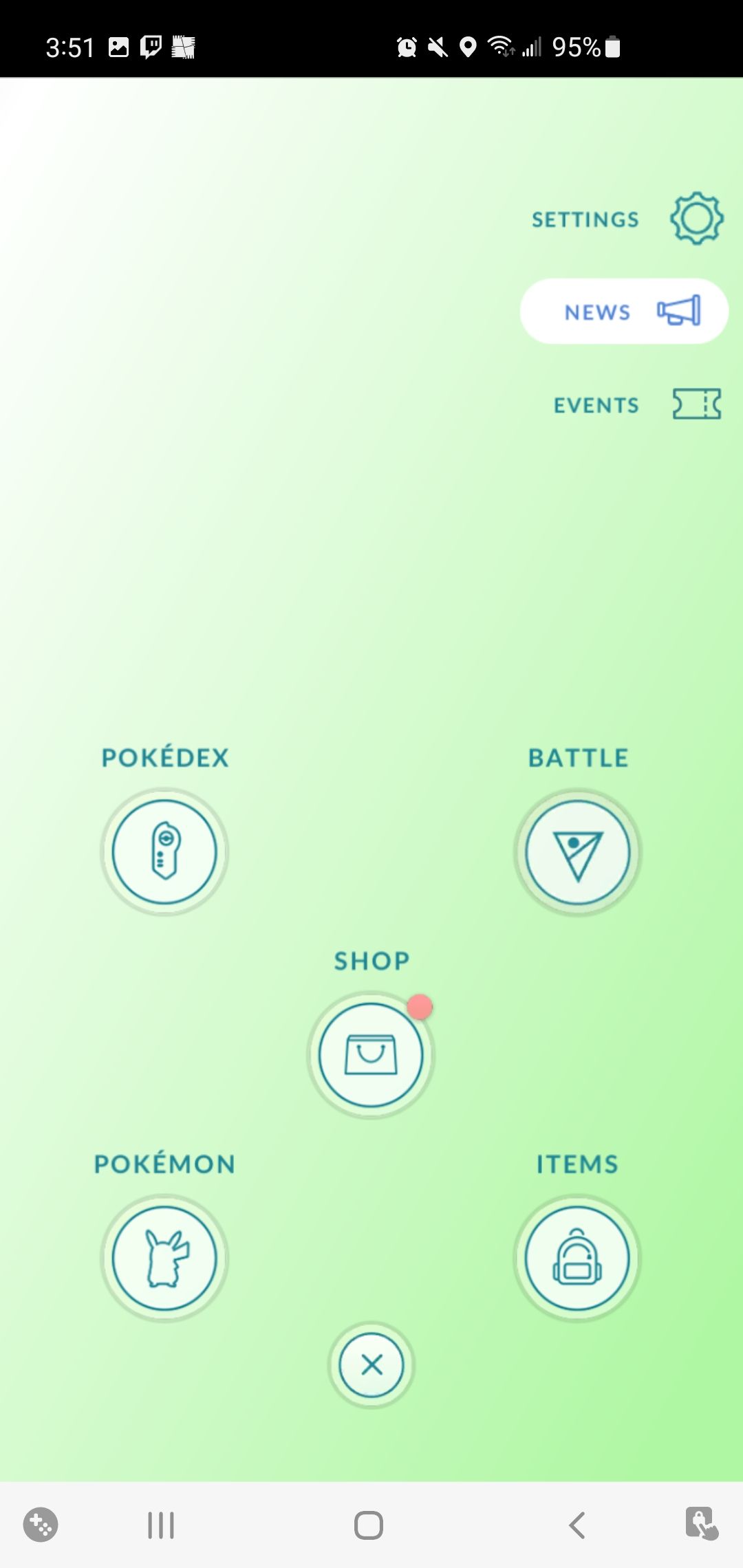 Screenshot of the Pokemon Go app's main menu