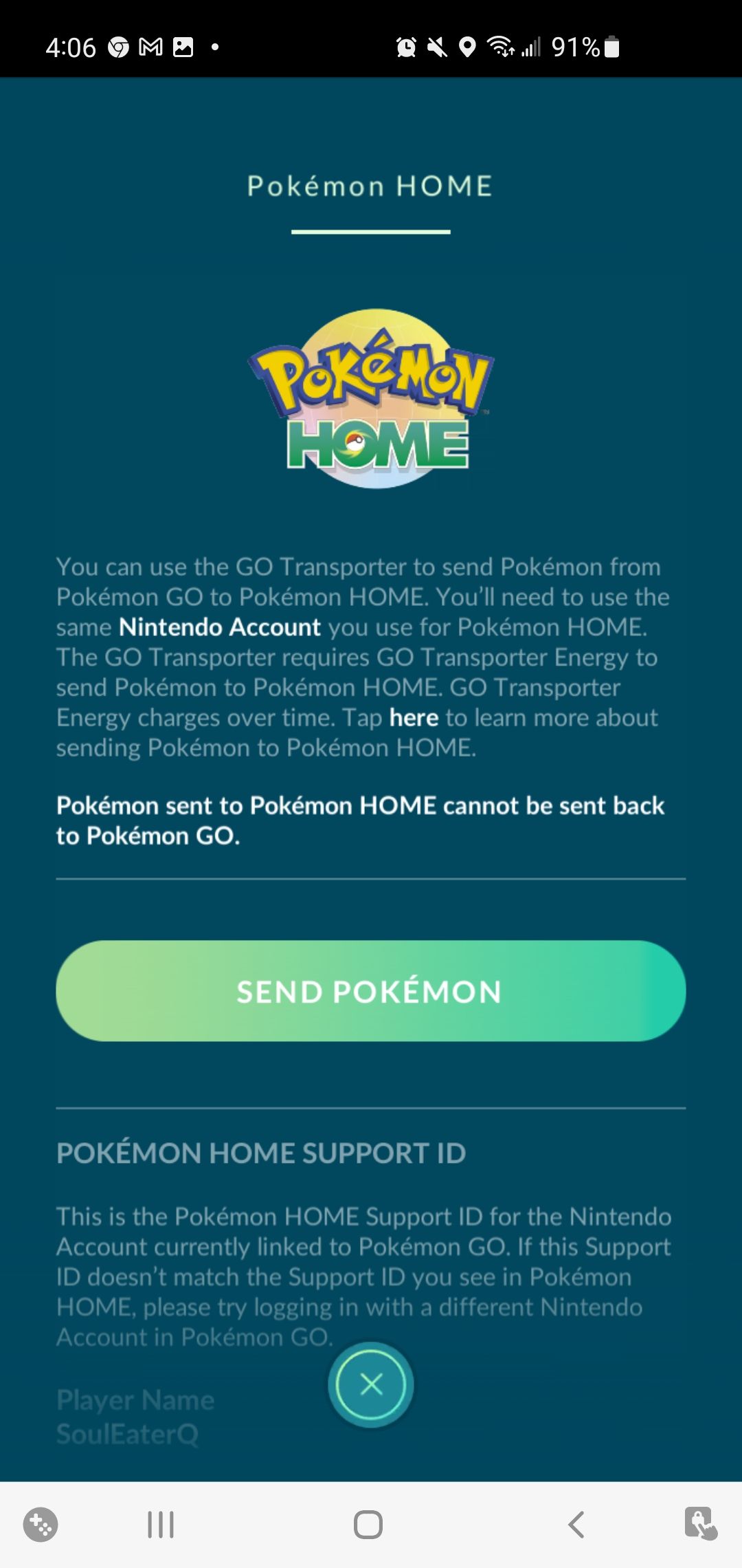 Tangkapan layar tombol transfer di aplikasi Pokemon Go