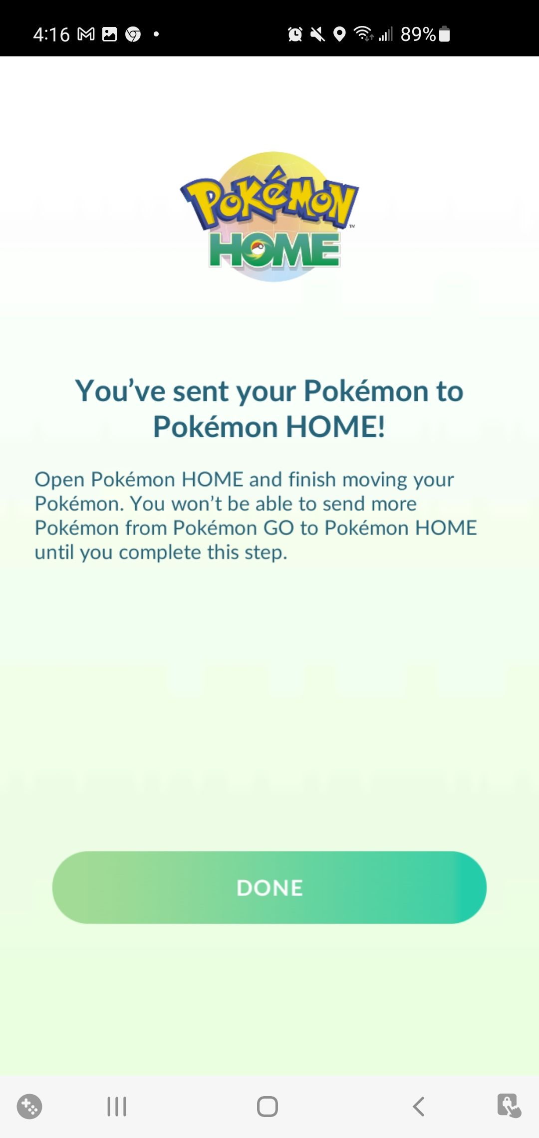 Tangkapan layar menunjukkan langkah transfer terakhir sebelum selesai di Pokemon Go