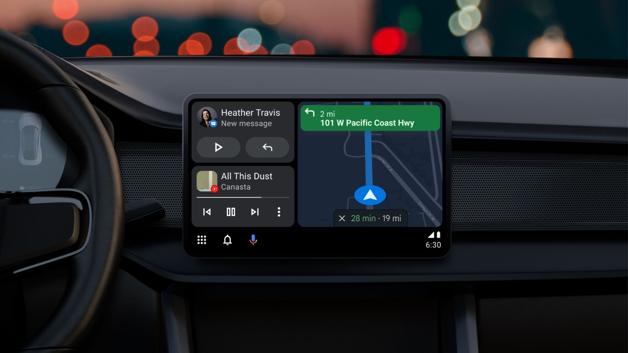 Vehicle dash with updated Android Auto UI in focus