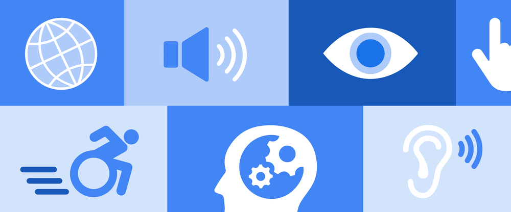 A collage of accessibility icons in blue and white tones