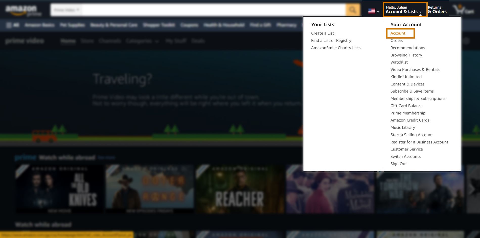 amazon prime web player showing the your account menu