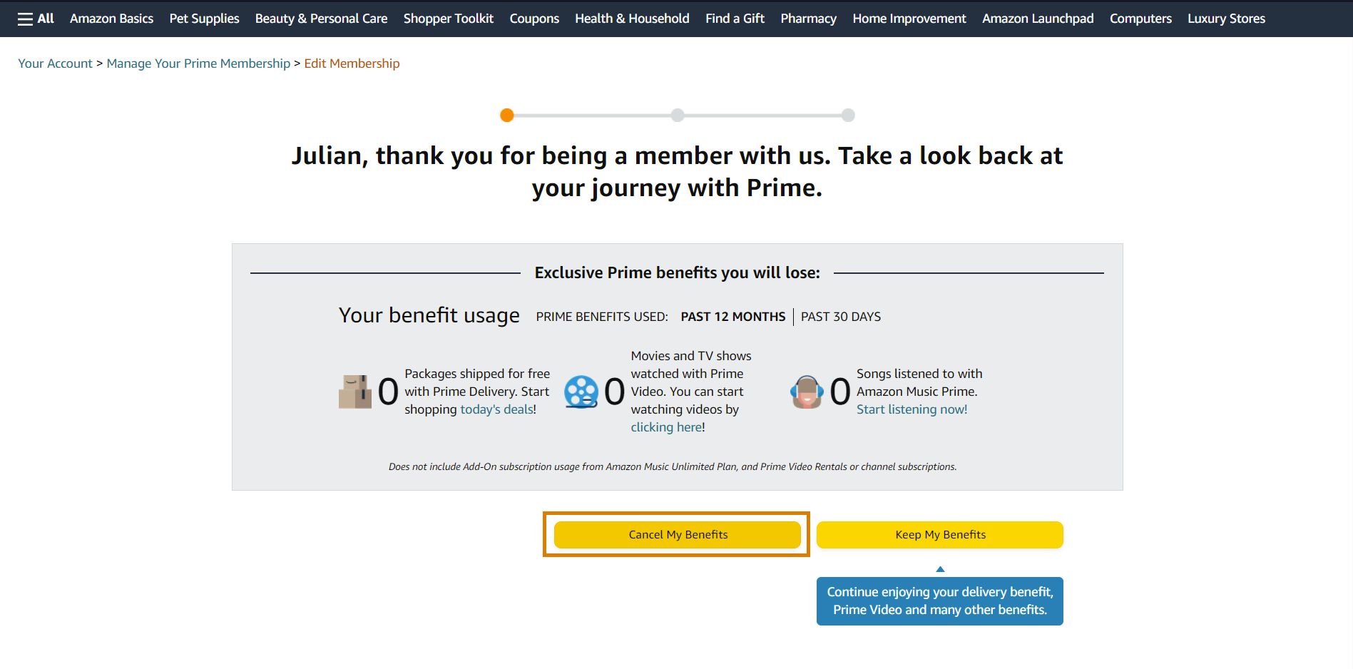 amazon prime cancelation confirmation page with the cancel my benefits button highlighted