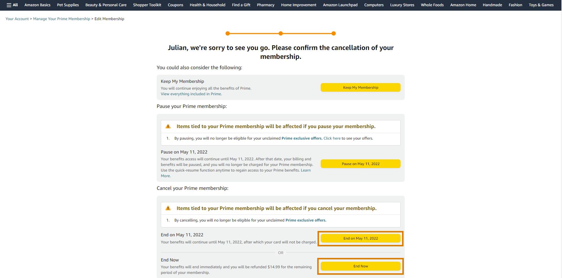 amazon prime 3rd cancelation confirmation page with the end on xxx date and end now buttons highlighted