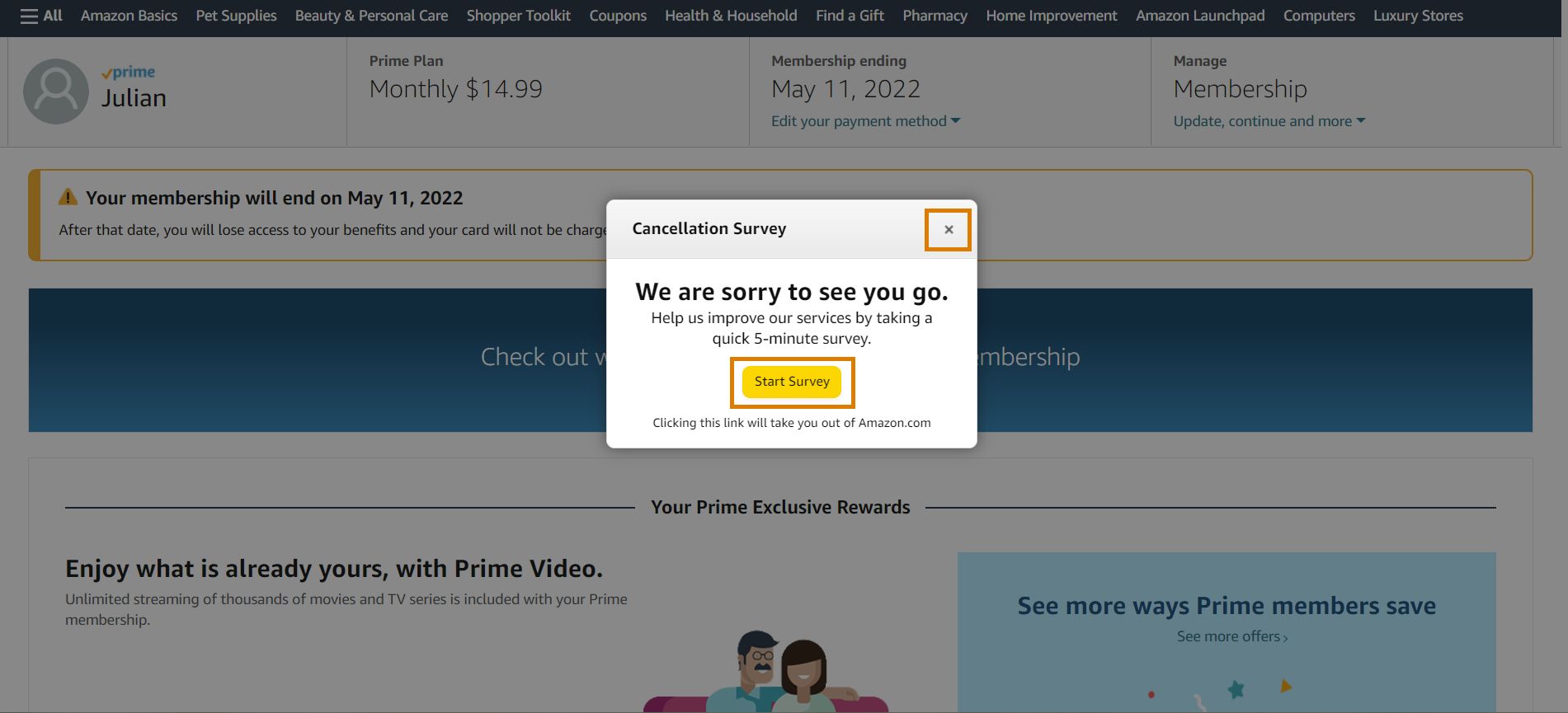 amazon prime central page with a pop-up requesting that the user start a survey. the start survey and close buttons are highlighted